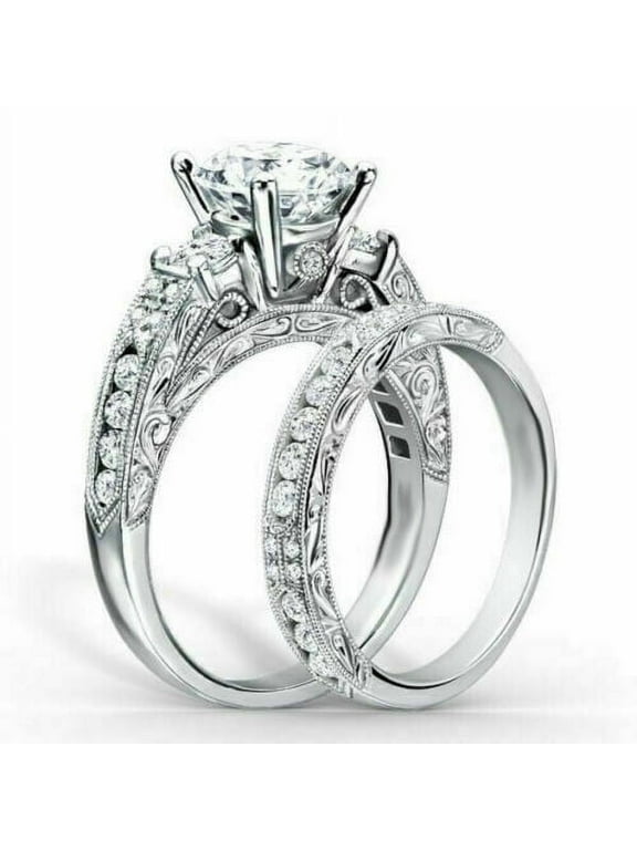 Filigree Bridal Set Wedding Proposal Ring For Women's 1.9 Ct Simulated Diamond 925 Sterling Silver