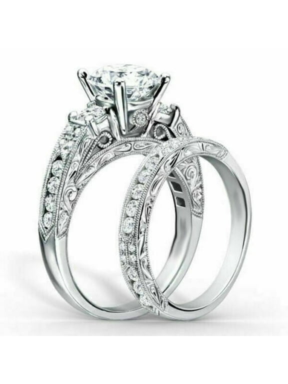 Filigree Bridal Set Wedding Proposal Ring For Women's 1.9 Ct Diamond 14K White Gold Over
