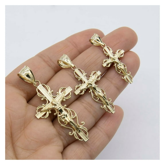 Filigree Cross Crucifix Jesus Pendant Unisex Adult 10K Yellow Gold, All Sizes - Goldum NYC