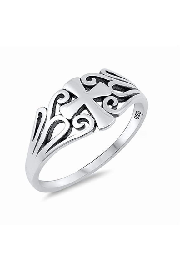 Filigree Cross Swirl Christian Ring 925 Sterling Silver Oxidized Stackable Promise Band For Her