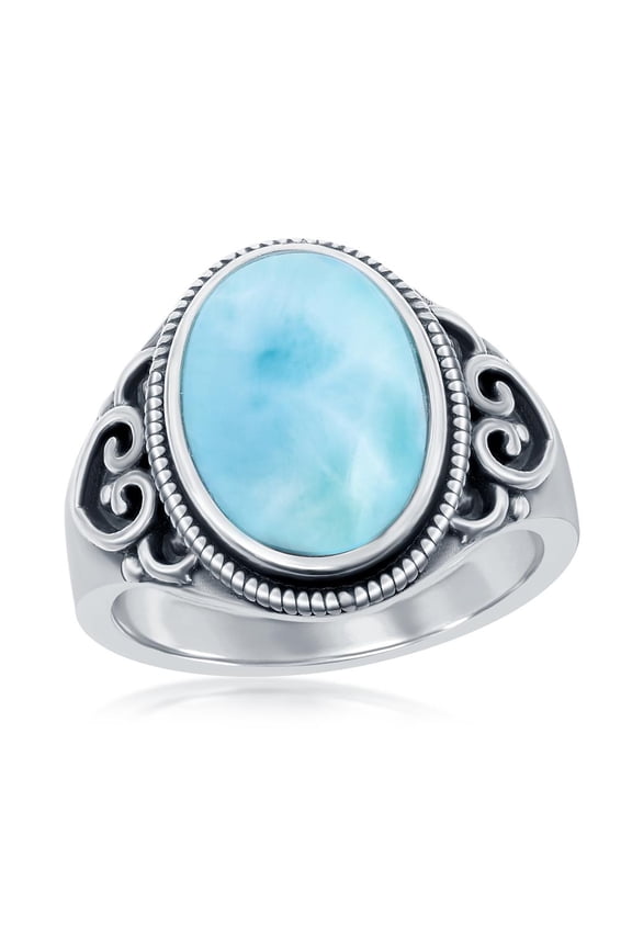 Filigree Design Natural Larimar Gemstone Oval-Shaped Oxidized Antique Ring Sterling Silver Jewelry for Women or Teens-size 8
