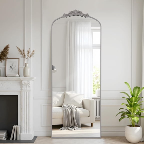 Filigree Floor Mirror 64"x21" Full Length Freestanding with Vintage Ornate Carved Applique Full Body Mirror Hanging Wall Mounted for Living Room Bedroom Retor Home Decor Mirror, Silver