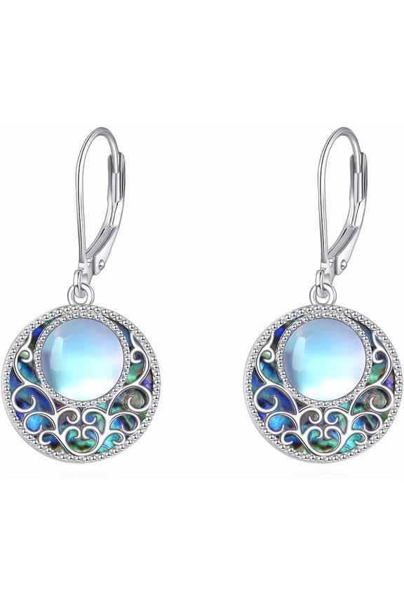 Filigree Gemstone Earrings 925 Sterling Silver Opal/Moonstone Filigree Dangle Drop Earrings Gemstone Jewelry Birthday Christmas Gifts for Women