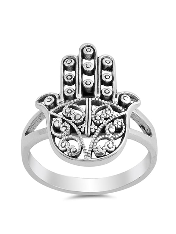 Filigree Hand of God Hamsa Ring .925 Sterling Silver Heart Jewelry Female Male Unisex Size 11