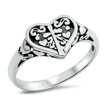 Filigree Heart Cross Oxidized Purity Ring .925 Sterling Silver Band Jewelry Female Male Size 7
