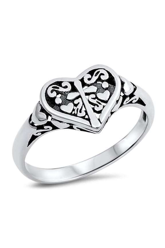 Filigree Heart Cross Oxidized Purity Ring .925 Sterling Silver Band Jewelry Female Male Size 7
