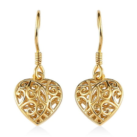 Filigree Heart Dangle Earrings - 14K Yellow Gold Plated 925 Sterling Silver Open Heart Drop Earrings - Openwork Dangling Earring Jewelry Birthday Christmas Gifts for Women