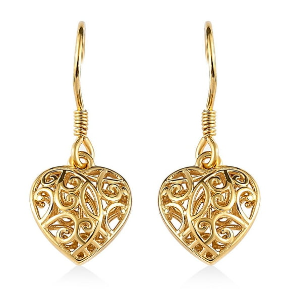 Filigree Heart Dangle Earrings - 14K Yellow Gold Plated 925 Sterling Silver Open Heart Drop Earrings - Openwork Dangling Earring Jewelry Birthday Christmas Gifts for Women