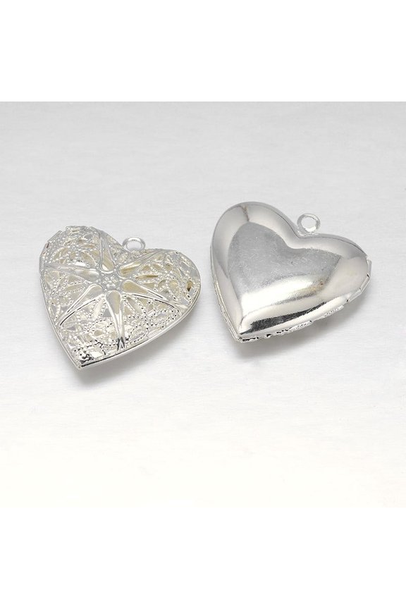 Filigree Heart Rack Plating Brass Photo Locket Pendants Lead Free Silver Color Plated 26x26x7mm Hole: 1mm Inner: 19x18mm