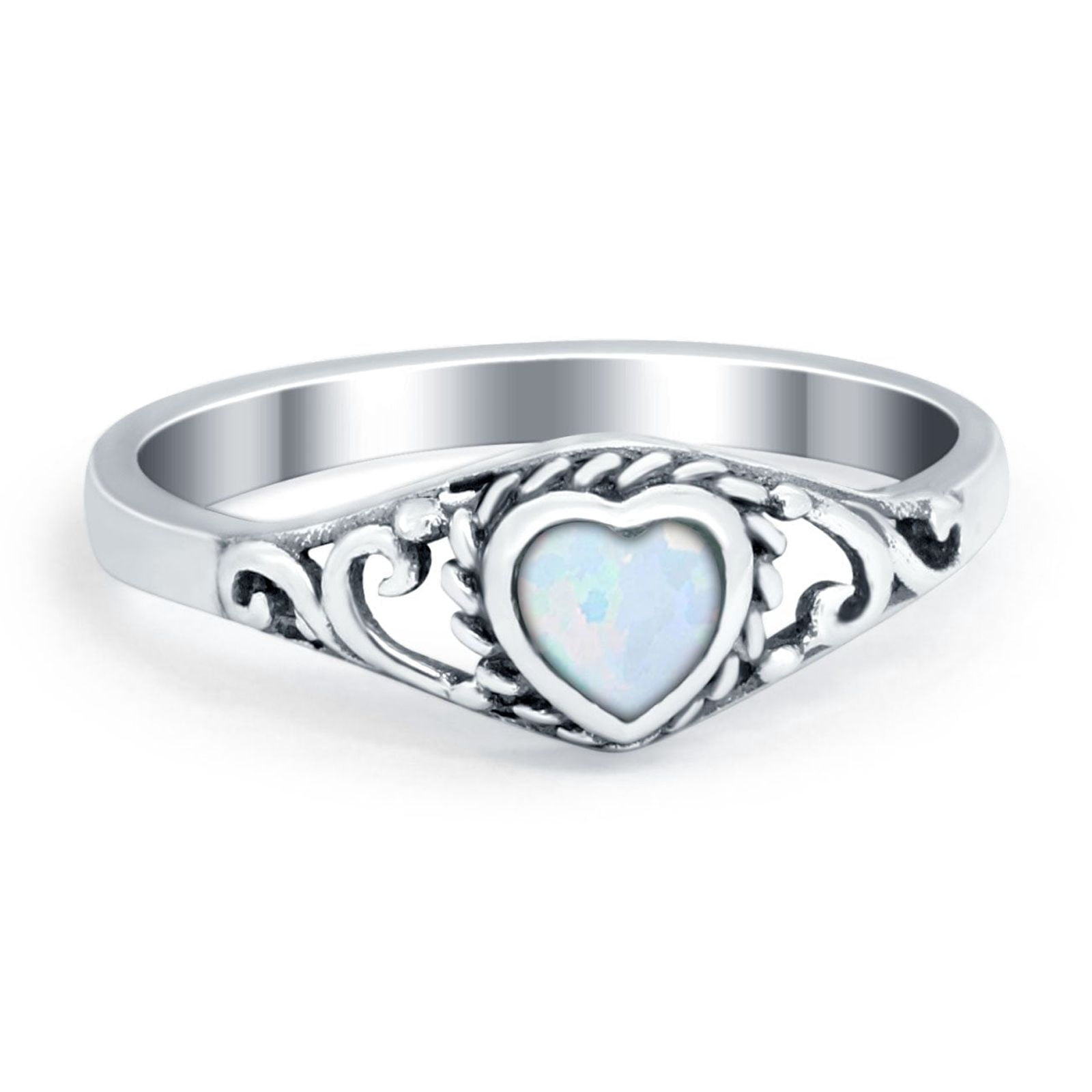 Filigree Heart Ring Lab Created White Opal Oxidized 925 Sterling Silver ...