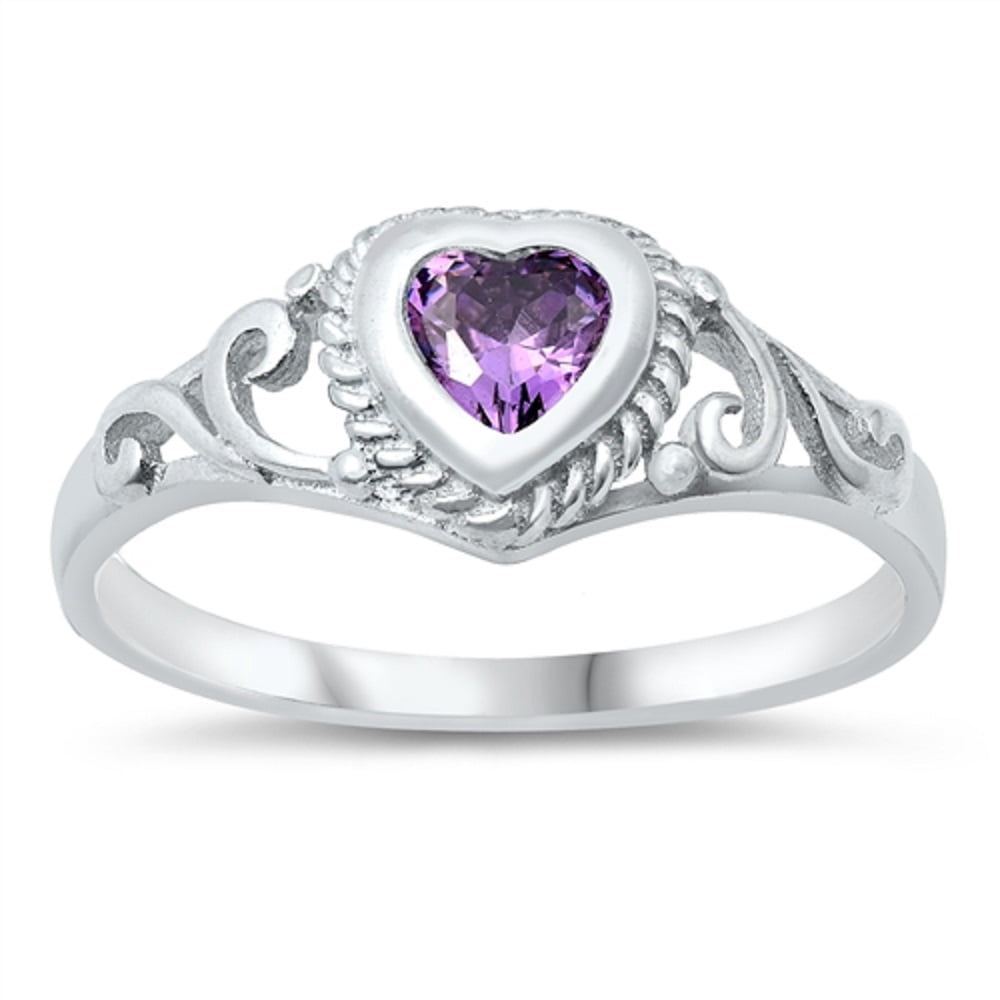 Filigree Heart Simulated Amethyst Cubic Zirconia Petite Rings Sterling ...