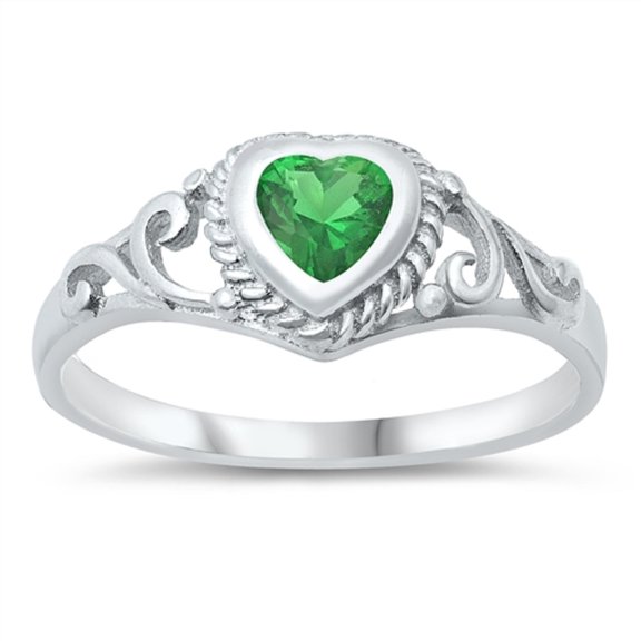 Filigree Heart Simulated Emerald Cubic Zirconia Petite Rings Sterling Silver 925