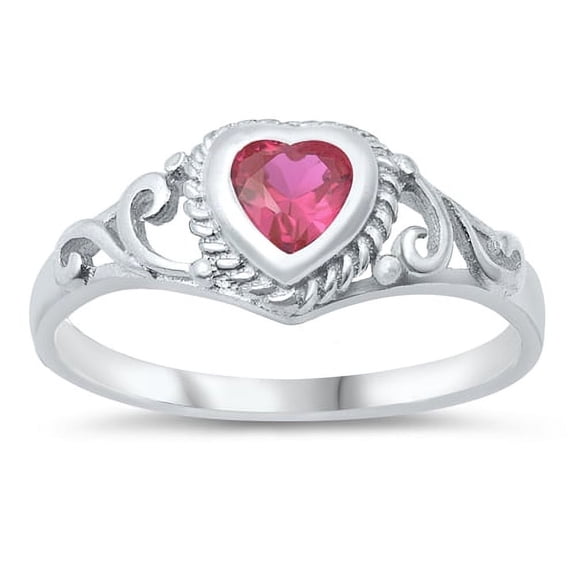 Filigree Heart Simulated Ruby Cubic Zirconia Petite Rings Sterling Silver 925