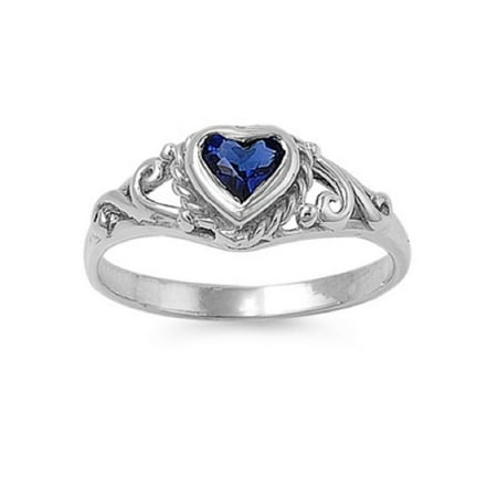 Filigree Heart Simulated Sapphire Cubic Zirconia Petite Rings Sterling Silver 925