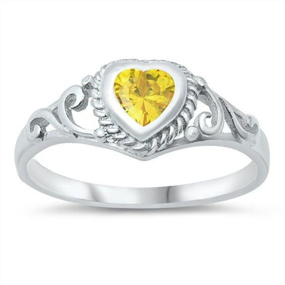 Filigree Heart Yellow Cubic Zirconia Petite Ring Sterling Silver 925