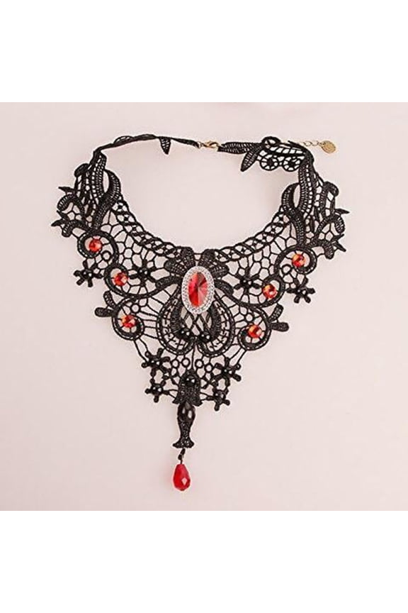 Filigree Lace Necklace, Black Lace Fabric, Black Lace Trim, Red Rhinestone Necklace, Retro Goth Necklace, Vampire Goth Jewelry, Events, 13 in Width, 1 Pc