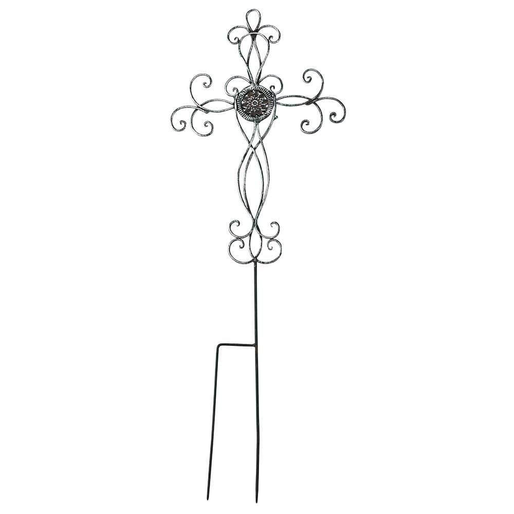 Elegant Black Metal Filigree Cross Garden Stake