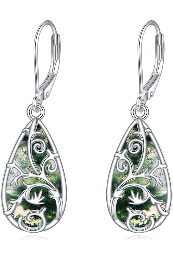 Filigree Moss Agate Leverback Earrings for Women S925 Sterling Silver Teardrop Dangle Drop Earrings Bohemian Filigree Earrings Jewelry Anniversary Birthday Gift