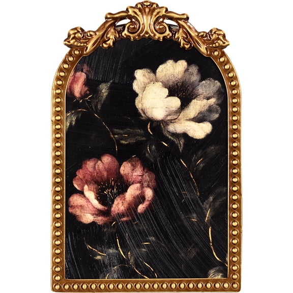Home Decor Collection 6x8 Gold Ornate Arch Tabletop Framed Moody Roses Floral Art with Metal Easel Back, Floral on Black Crystex Textured Finish Vintage Decorative Accent