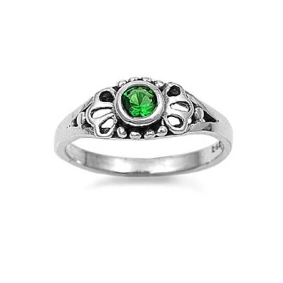 Filigree Round Simulated Emerald Cubic Zirconia Petite Rings Sterling Silver 925