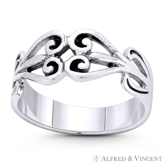 Filigree Swirl Heart Charm Vintage-Style 4-8mm Right-Hand Stacking Ring in Oxidized .925 Sterling Silver