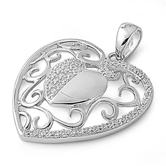 Filigree Swirl Heart Pendant Clear Cubic Zirconia .925 Sterling Silver Open Charm Jewelry Female