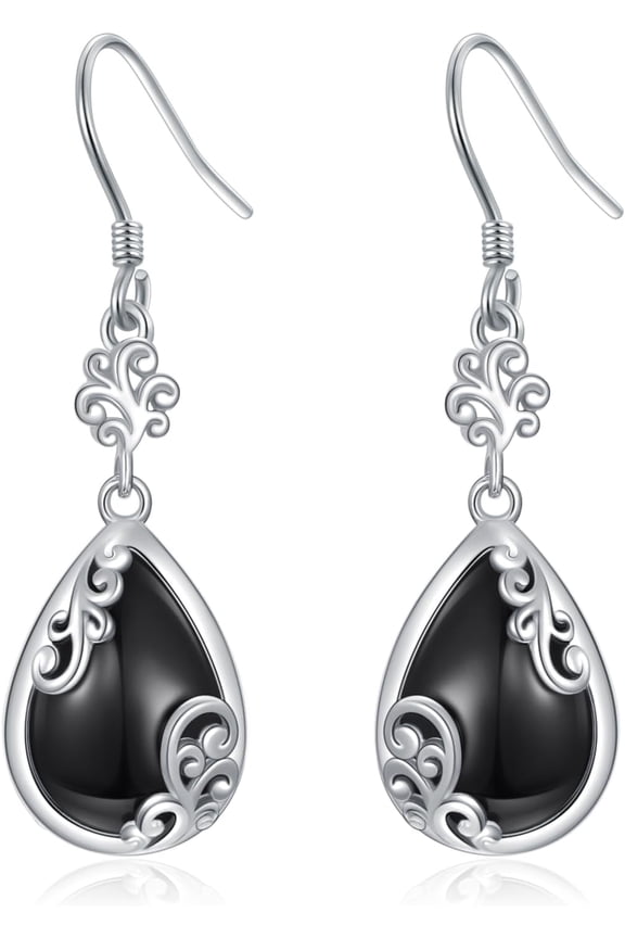 Filigree Teardrop Earrings 925 Sterling Silver Filigree Black Onyx Moonstone Turquoise Lapis Lazuli Dangle Earrings Boho Jewelry Gifts for Women