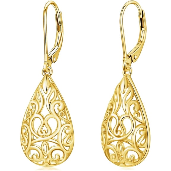 Filigree Teardrop Earrings for Women Rose Gold Plated /Gold Plated / Moonstone / Abalone / Turquoise / Blue Crystal / Green Crystal Teardrop Dangle Earrings Filigree Leverback Earrings for Women