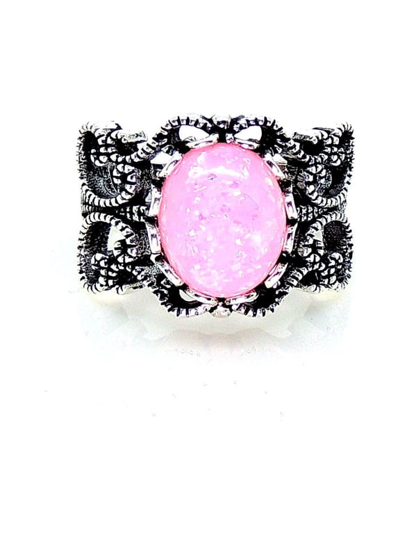 Vintage Filigree Pink Simulated Fire Opal Oval Statement Ring for Women Size 6 by Ginger Lyne