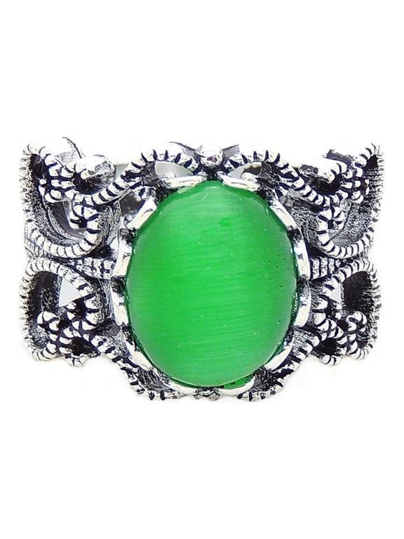 Vintage Filigree Green Simulated Fire Opal Oval Statement Ring for Women Size 9 by Ginger Lyne