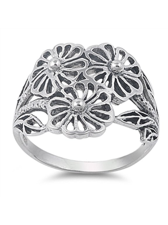 Filigree Wide Flower Leaf Floral Ring .925 Sterling Silver Band Jewelry Female Male Unisex Size 7