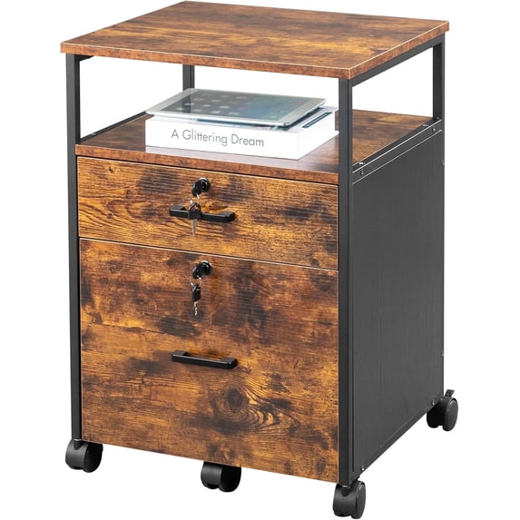 Filing Cabinet with 2 Locks Keys Top Open Shelf, 2 Drawers Rolling File Cabinet for Legal/A4/Letter Size, Wood Printer Stand on Wheels Under Desk Storage for Office, Dark Brown