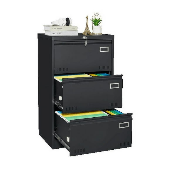 Filing Cabinet Lateral File Cabinet 3 Drawer, Blcak Locking Metal File Cabinets Three Drawer, Office Filing Cabinet with Lock Drawers for Home Office/Legal/Letter/A4/F4