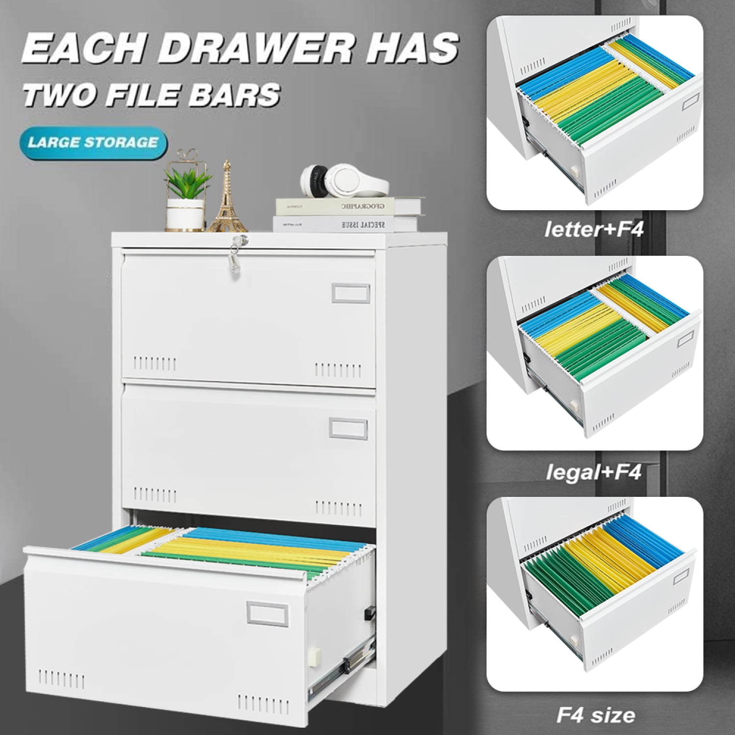 Filing Lateral File 3 Drawer White Metal File