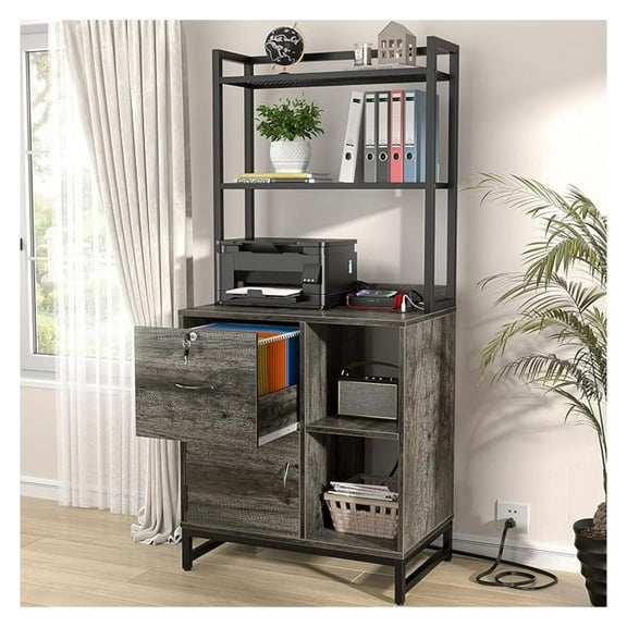 Filing Cabinet with Lock & Charging Station, Wood File Cabinet with Bookshelf, Printer Stand, Home Office Storage, Letter Size, Grey Oak