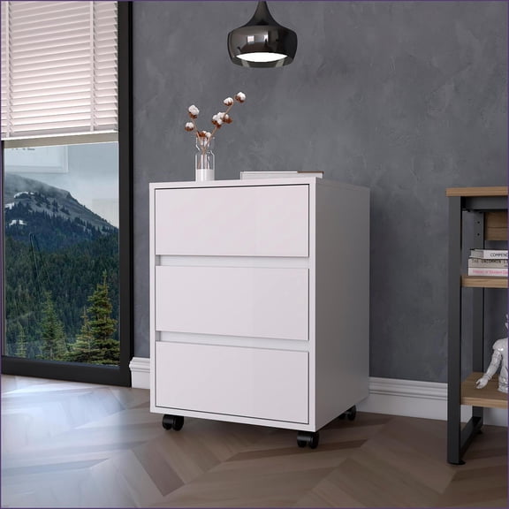 Filing Cabinets: 3 Drawer Mobile File Cabinet with Roller Glide | White | Engineered Wood