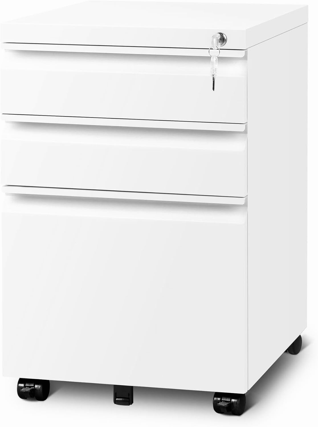 White Mobile 3-Drawer Lockable Filing Cabinet with Wheels