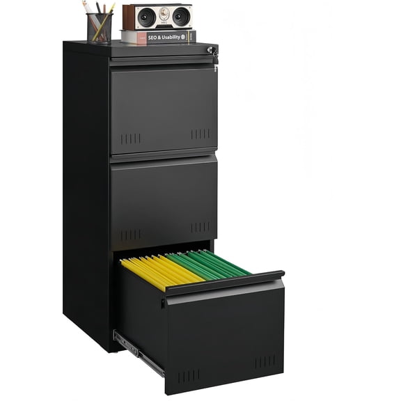 Filing Cabinets for Home Office, Mobile File Cabinet with Lock, 3 Drawer Filing Cabinet for A4/Letter/Legal Size Folder, Fully Assembled Except Casters, Matte Black