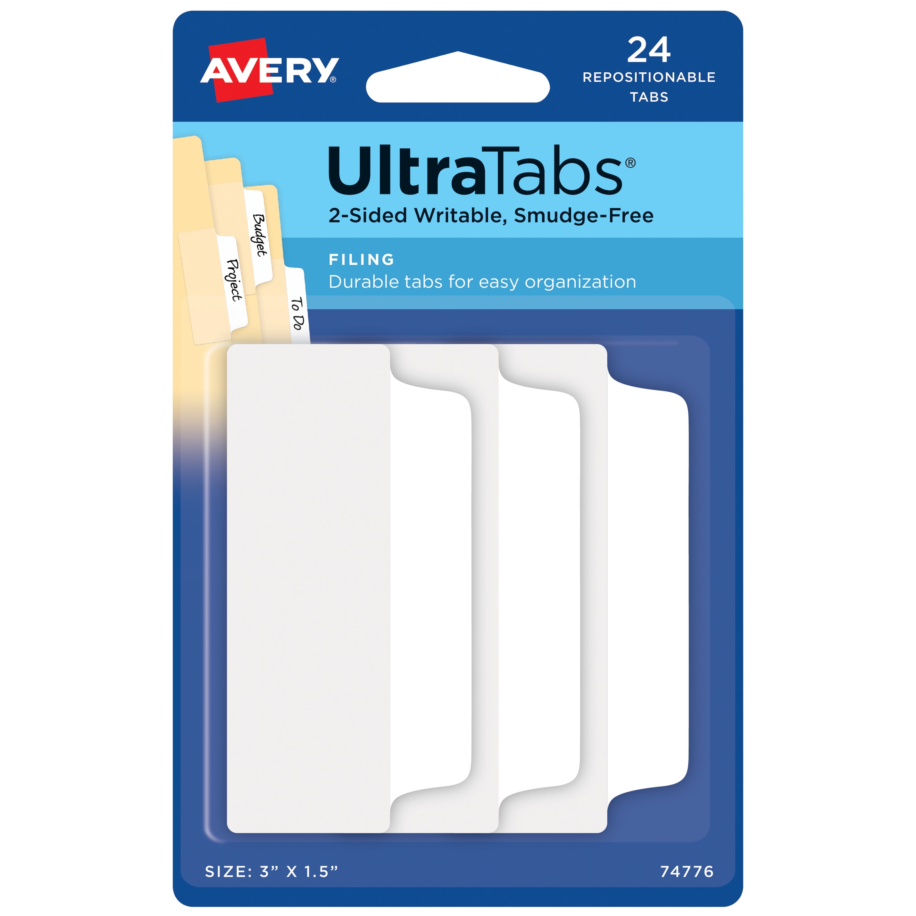 White Plastic-Coated Repositionable Writable Tabs, 3" x 1.5", 24-Pack