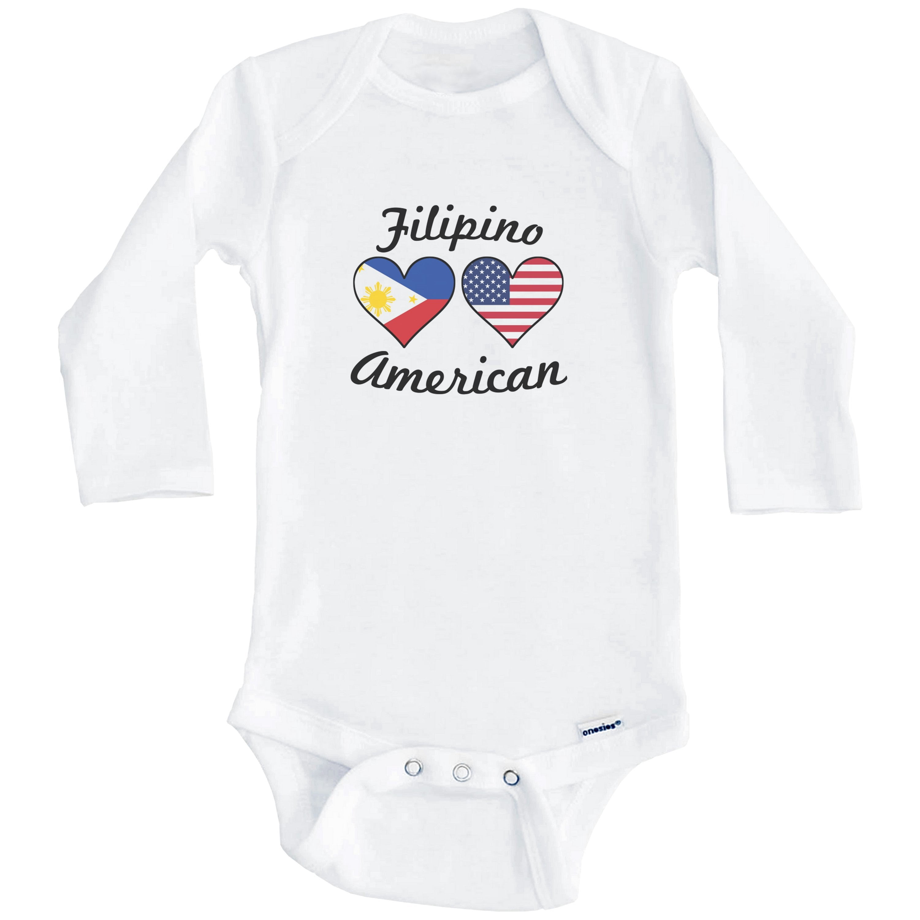 Filipino American Flag Hearts Philippines One Piece Baby Bodysuit (Long Sleeve), 6-9 Months White