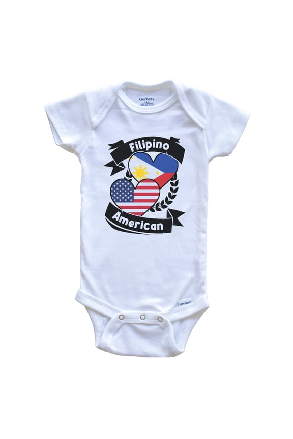 Filipino American Hearts USA Flag Philippines Flag Pinoy Short Sleeve Baby Bodysuit, 6-9 months white