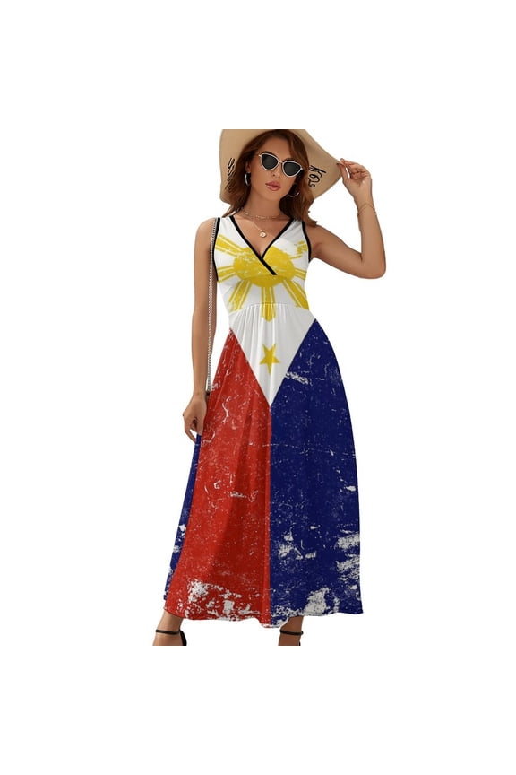 Filipino Vintage Distressed Philippines Flag Dress Fashion Boho Beach Long Dresses Female Party Printed Maxi Dress