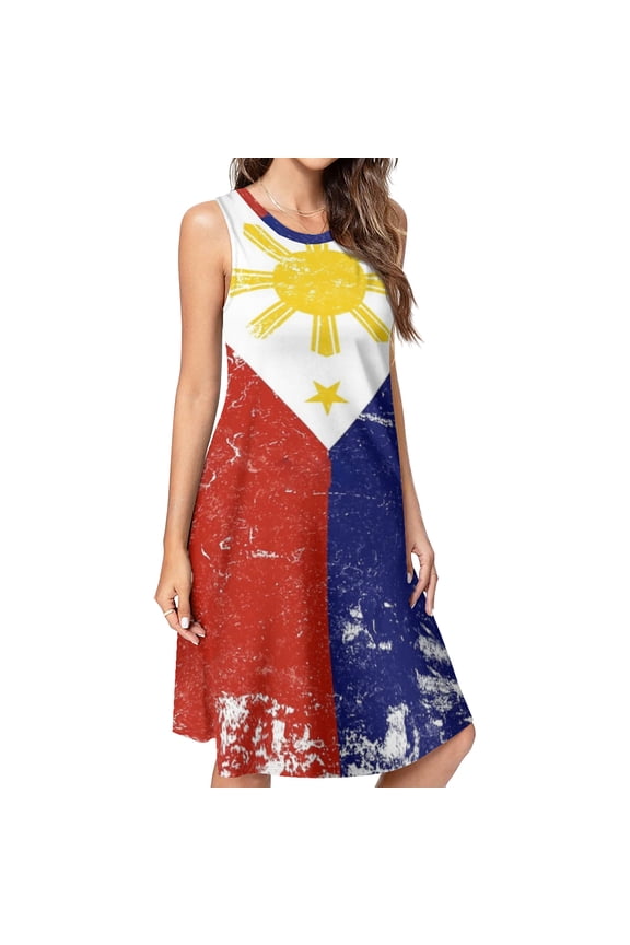Filipino Vintage Distressed Philippines Flag Spring Summer Dresses for Women Fashion T-shirt Dress Casual Sleeveless Loose Sundress with Pockets
