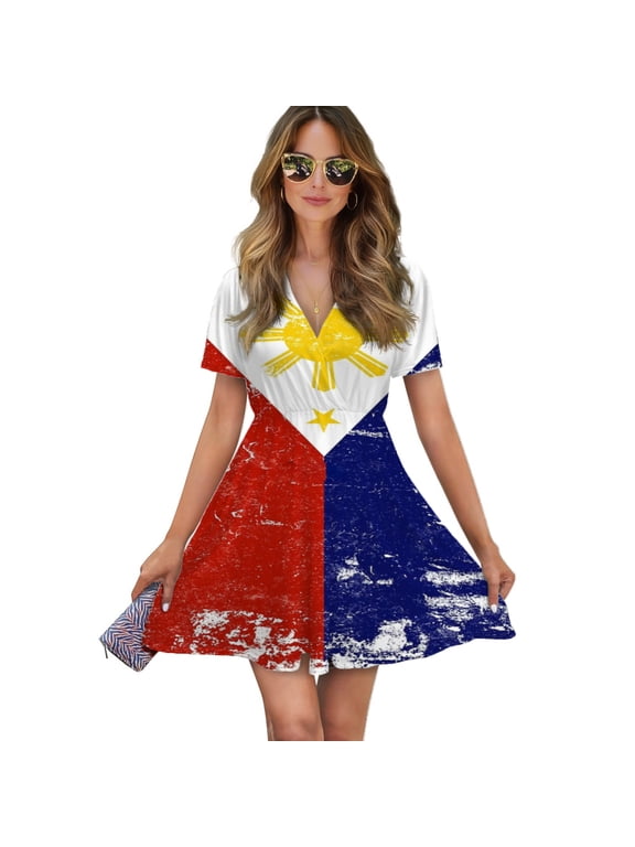 Filipino Vintage Distressed Philippines Flag Women Dress V-Neck Short Sleeve Flowy Swing Party Midi Dress