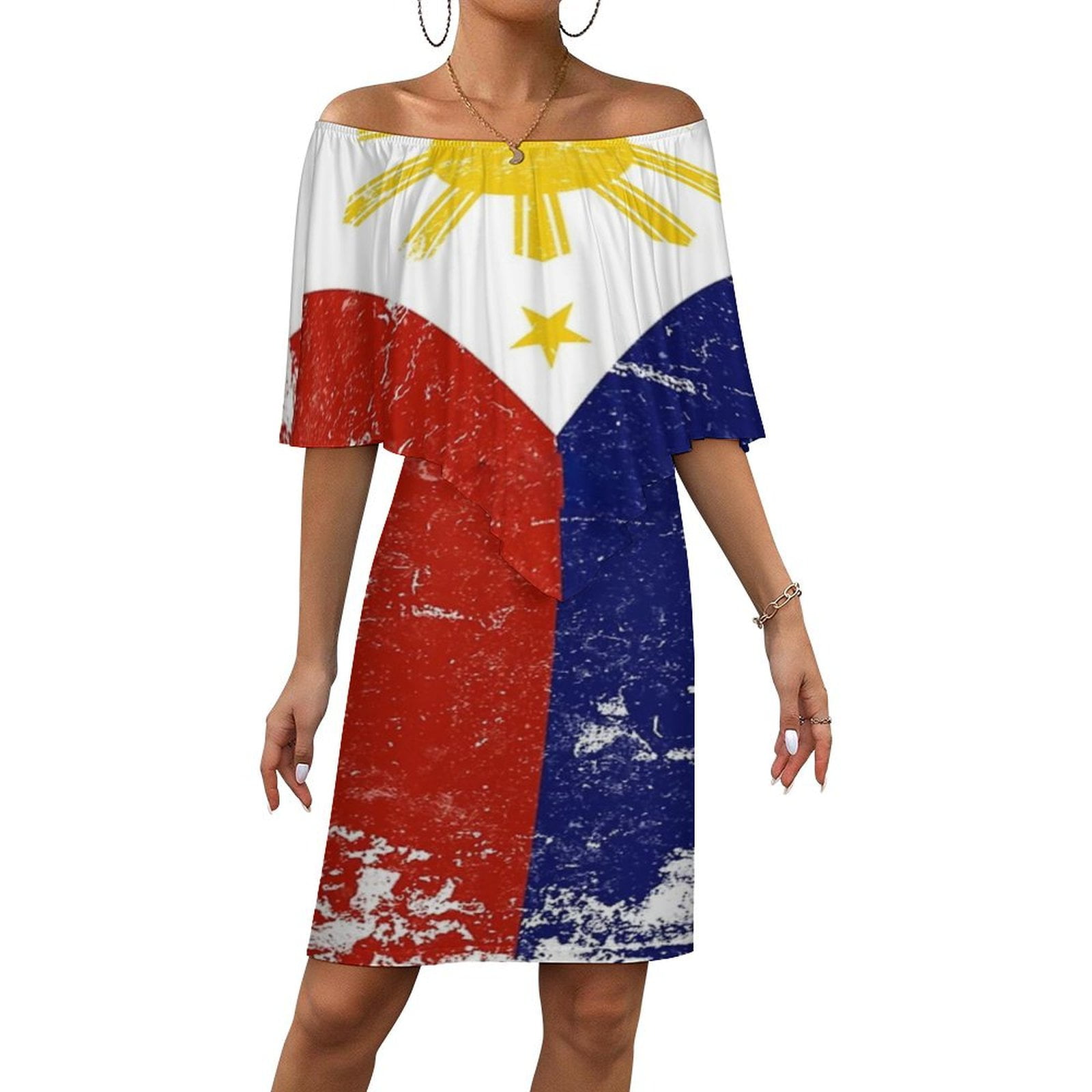 Philippine Ruffles Filipino Vintage Distressed Philippines Flag Women's Off The Shoulder ...