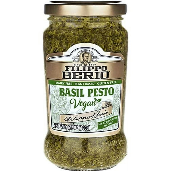 Filippo Berio Pesto, Plant Based Vegan Basil, 6.7 Ounce Glass Jar, Vegetarian, Dairy Free, Gluten Free