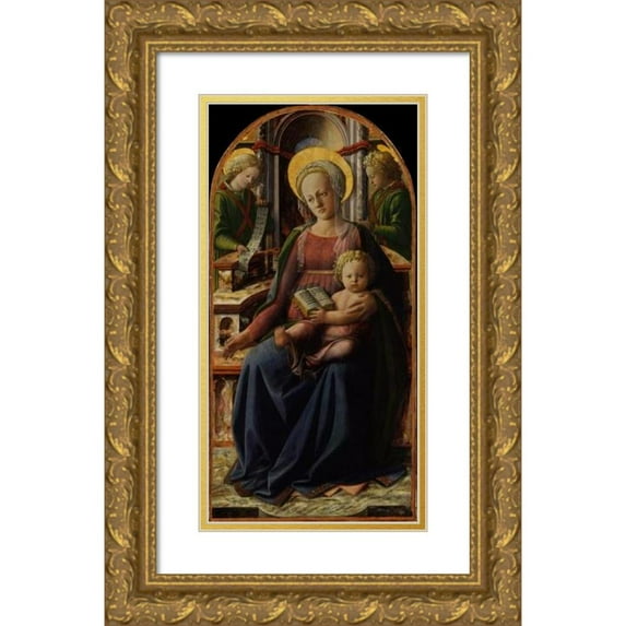 Filippo Lippi 9x14 Gold Ornate Wood Frame and Double Matted Museum Art Print Titled - Madonna and Child Enthroned with Two Angels (ca. 1440)