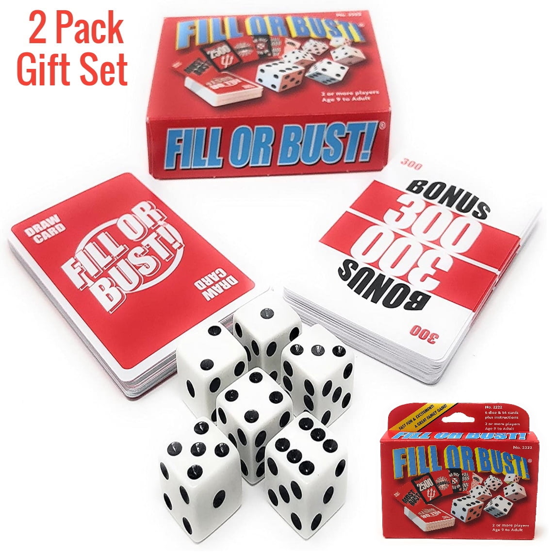 Fill or Bust Great Card and Dice Game - Family Fun Toy for all Ages - Great Gift Idea - Perfect for Vacations, Family Game Night, Birthdays, Xmas - 2 Pack Bundle Set