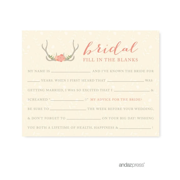 Koyal Wholesale Woodland Deer Wedding Collection, Fill in the Blanks Advice for the Bride-to-Be Bridal Shower Game Cards – 20-Pack