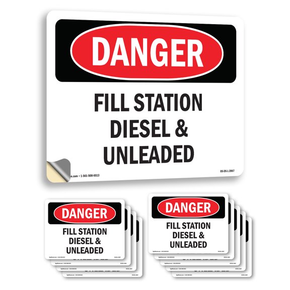 Fill Station Diesel And Unleaded OSHA Danger Vinyl Decal Label 14 Inch x 10 Inch - 10 Pack